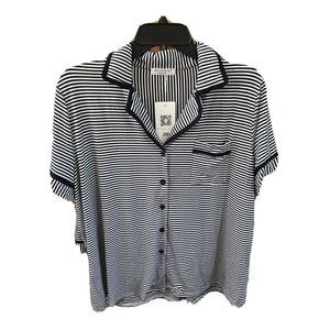 NEW Ekouaer Pajamas Striped Women L Short Sleeve Button Sleepwear Shorts Shirt